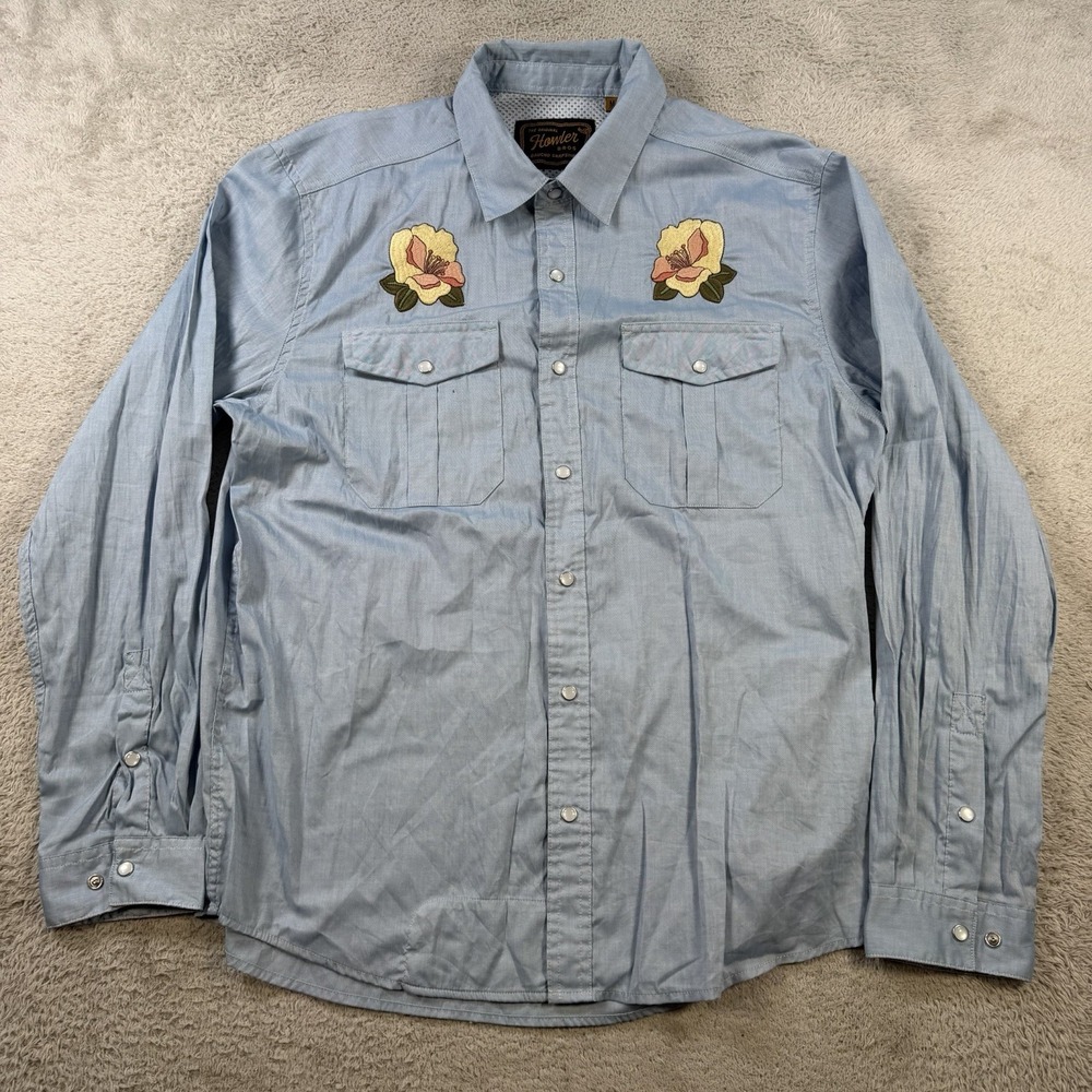 Howler Brothers Gaucho Shirt Mens Medium Blue Hibiscus Embroidered Pearl Snap